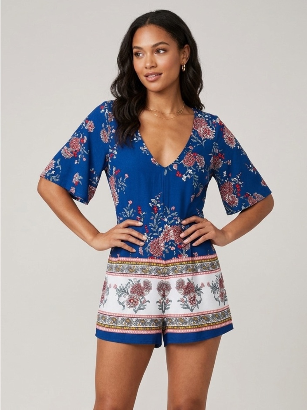 Trixxi Tribal Print Boho Romper V-Neck Festival Summer One-Piece M